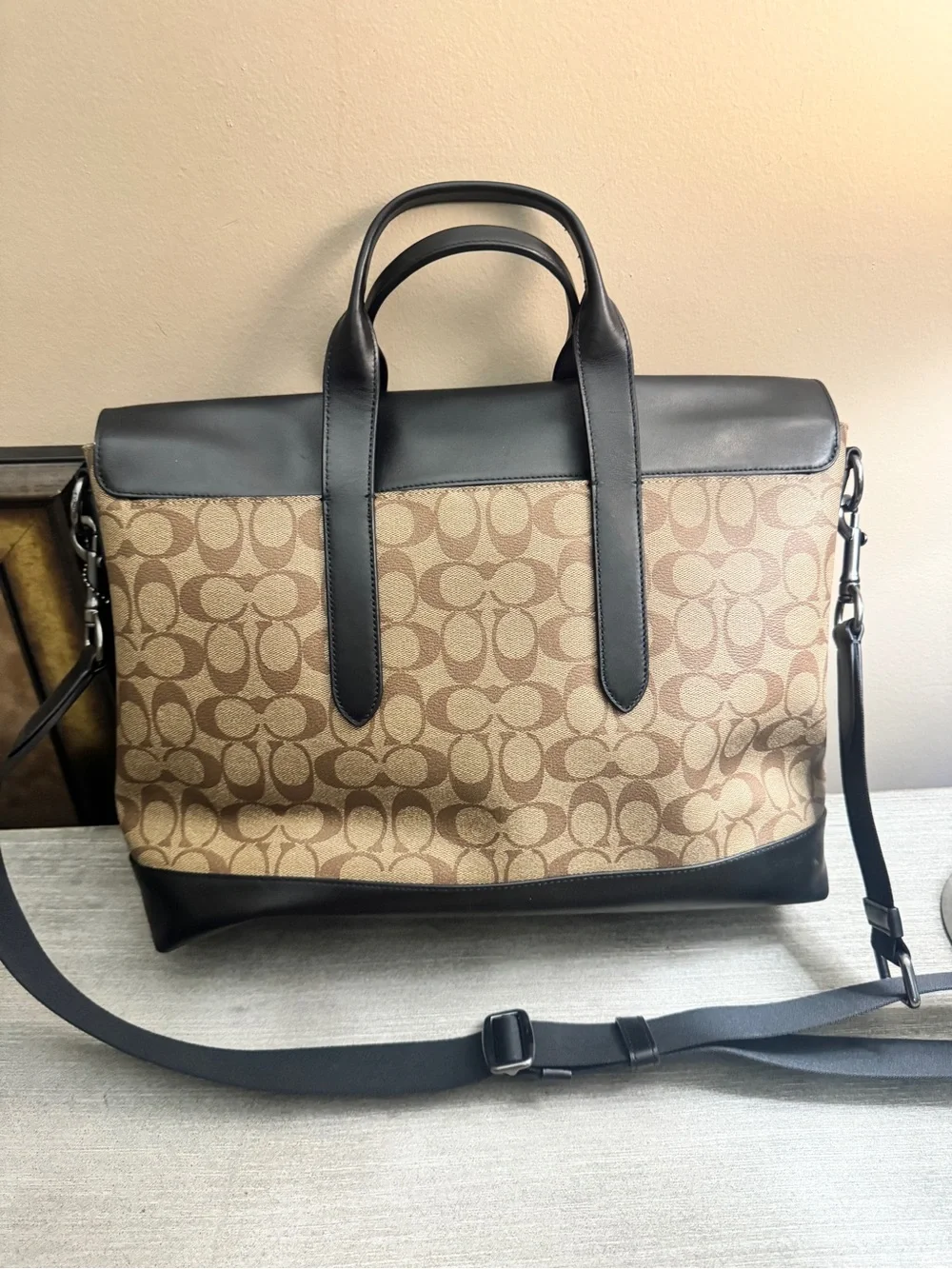 Coach Brown Signature Canvas Messenger with Black Leather Trim